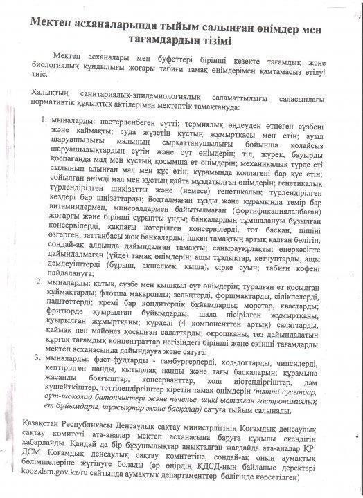 Мектеп асханаларында тыйым салынатын өнімдер мен тағамдардың тізімі